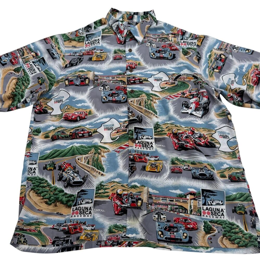 Vintage Y2K Reyn Spooner Mazda Laguna Seca Raceway Hawaiian Shirt XL Racing
